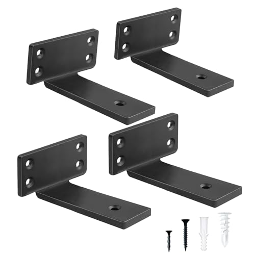 4 Inch Heavy Duty Floating Shelf Brackets Hidden Black Metal L Bracket Industrial Modern Wall Shelving Supports 4 Pack