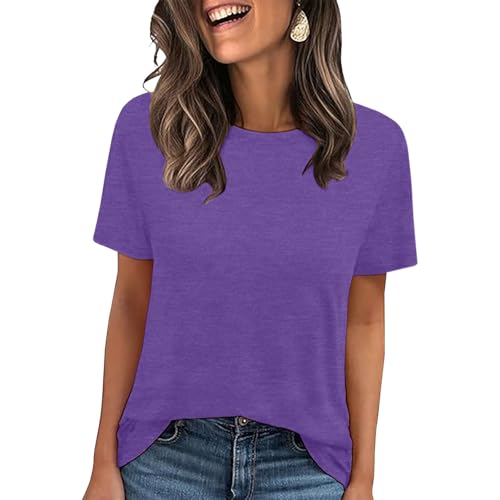 LOOKFACE Women's Summer Short Sleeve Crewneck T Shirts Solid Color Tees Casual Basic Tops Purple Large