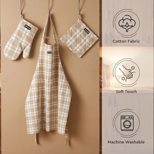 Image of Encasa XO 100% Cotton Apron Set for Women & Men with Adjustable Apron, Oven Gloves & Pot Holder (Pack of 3) Combo, Heat-Resistant, Soft & Durable for Cooking, Baking & Grilling (Franca Beige Checks)
