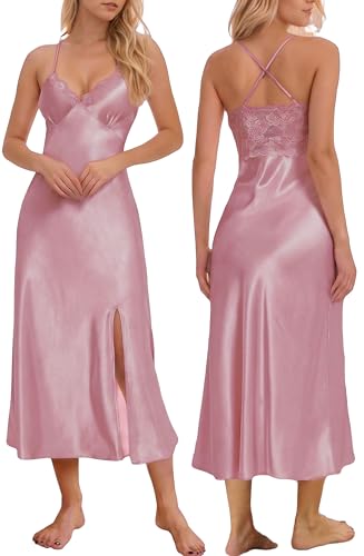 Image of ALCEA ROSEA Women Silk Satin Nightgown Sexy Lace Chemise Lingerie Long Sleepdress for Ladies Sleepwear Slip Negligee