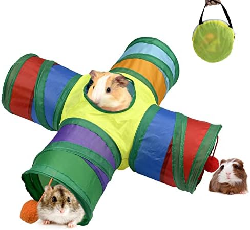 4-Way Guinea Pig Tunnel and Tubes with 4 Balls,Collapsible Guinea Pig Hideout Toys with Tote Bag for Small Animal Chinchilla Ferret Hamster Rat