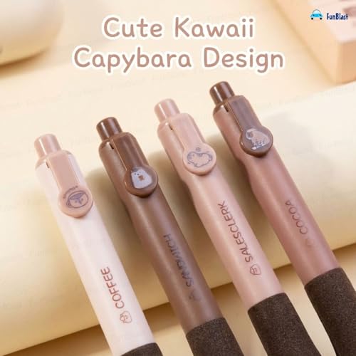 Image of FunBlast Capybara Kawaii Gel Pen Set - (Pack of 4) Cute Coffee Theme Pens with Soft Sponge Grip, 0.5mm Smooth Writing Pens for School, Office, Gifts & Stationery Lovers (Blue Ink)