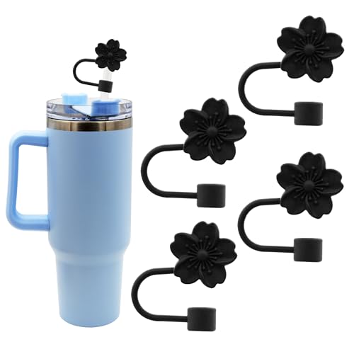 Image of Flower Silicone Straw Cover Cap for Stanley Cup,Straw Topper 10mm 0.4in Dust-Proof Reusable Straw Tips Lids,Straw Tip Covers Gift for Party Decor (Black Cherry blossom 4pcs)