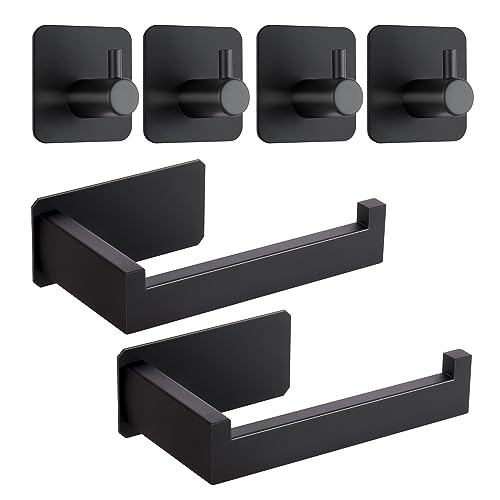 Toilettenpapierhalter Ohne Bohren, 2 Stück Edelstahl Selbstklebend Klopapierhalter mit 4 Stück Handtuchhaken,Wc Halter Rollenhalter Papierhalter für Bad und Küche, Toilet Paper Holder(Schwarz)