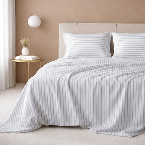 Image of California Design Den King Size Sheet Set - 100% Cotton, 600 Thread Count, Deep Pocket King Sheets, Premium-Feel Bedding with Sateen Weave - Ticking Stripe Pattern