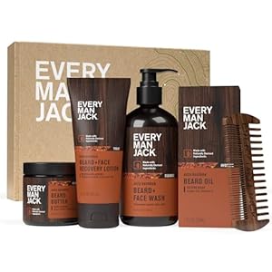 Every Man Jack Mens Aged Bourbon Beard Set – Five Full-Sized Grooming Essentials For a Complete Routine – Beard + Face Wash, Beard + Face Lotion, Hydrating Beard Oil, Beard Butter, and Beard Comb
