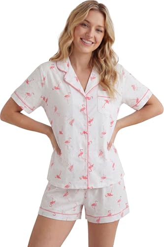 Image of LUBOT 100% Cotton Pajamas for Women 2 Piece PJ Set Button-Down Soft Knit Short Sleeve Summer Sleepwear Loungewear XS-XXL