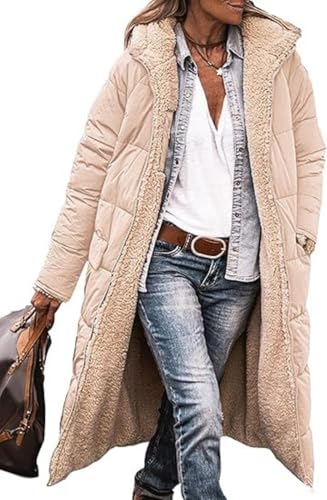 Womens Winter Coats Oversized Reversible Shearling Fleece Long Coats Jackets Down Outerwear with Hood Fashion Clothes (US, Alpha, Large, Regular, Regular, Beige)