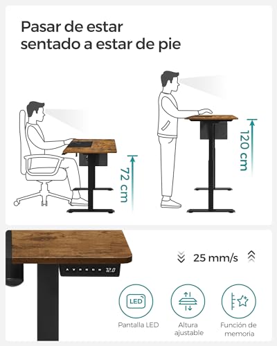 Miniatura 3 de Songmics Escritorio Eléctrico, Regulable En Altura, 120 X 60 Cm, Regulación Continua, 4 Alturas De Memoria, Puerto Usb-C, Marrón Vintage Y Negro Mate Lsd015x01