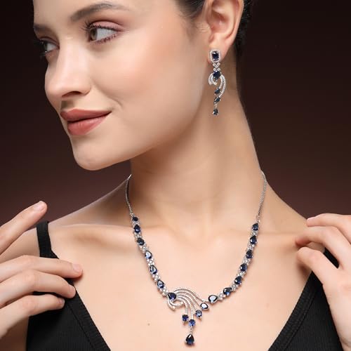 Image of ZENEME Rhodium Plated Silver Toned American Diamond Studded Paisley Necklace With Earrings Jewellery Set For Women & Girls