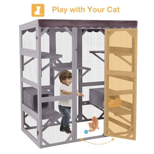 Wooden Catio Outdoor Cat Enclosure,Large Luxury Kitty-House with 7 Jumping Platforms & Weatherproof Asphalt Roof,Walk-in Kitty Kennel Condo Shelter and 2 Napping Houses (Grey, Large)