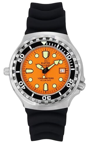 RATIO Men Analogue Black Band Freediver 2Nd Generation Diver Watch Sapphire Crystal Quartz Movemen 1000M Water Resistant Dive Watches (Orange)