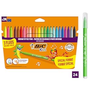 BIC Kids Filzstifte Set Kid Couleur, Fasermaler zum Malen in 24 auswaschbaren Farben, inkl. Neonfarben, im Karton Etui, ab 5 Jahre