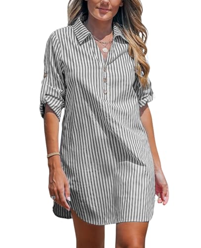 NLAND Vestido de Mujer de Manga Larga con Botones Casual Elegante Vestido de Camisa Mini Vestidos de Cuello V a Rayas，Negro S
