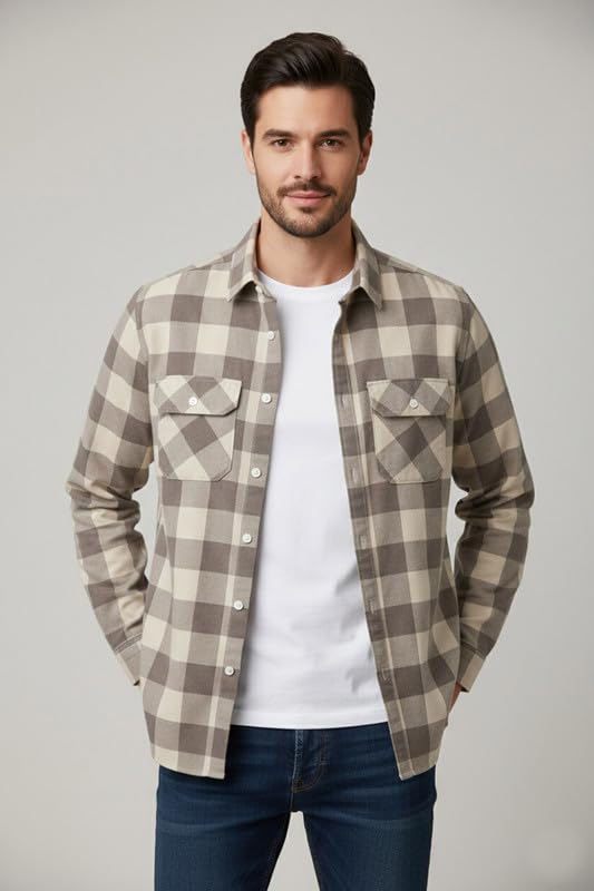 Image of DEELMO Men's Stylish Cotton Blend Casual Chakes Shirt || Full Sleeve Shirt with Dual Flap Pockets Fabric || Perfect for Casual and Classic Fit & Style || Stylish Everyday Wear