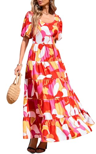Image of PRETTYGARDEN Puff Short Sleeve Cewneck Floral Long Fall Dresses for Women 2025 Flowy Tiered Hem Maxi Wedding Guest Dress