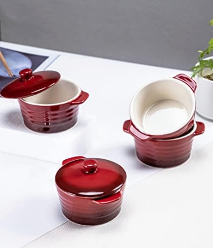 Ceramic Ramekins, Casserole Dishes Red with Lid and Handles, Souffle Dishes for Soup, Creme Brulee and Souffle, Oven Safe, Ramekins Bowls - 4 x 8oz