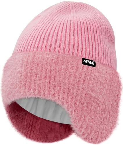 ATNKE Strick Beanie Mütze mit Ohrenklappen für Herren und Damen Dehnbar Dick Warm Fleece Gefüttert Alltagstauglich Winter Weich Mit Bündchen Wollig Totenkopfmütze Geschenke/Pink