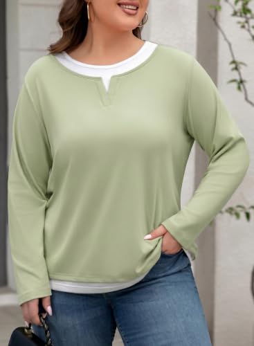 Image of Eytino Women Plus Size Fall Tops Patchwork Shirts(1X-5X) | Casual Crewneck Long Sleeve,Fashion Color Block Basic Tees,Loose Fit Blouse