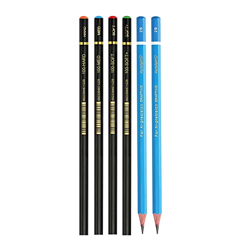 HAIHAOMUM Professional Drawing Set - 4 Pieces Charcoal Pencils (Hard, Medium, Soft, Soft+) and 2 Graphite Pencils 2B for Drawing, Sketching, Smudging, Shading