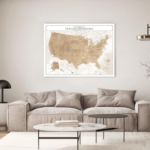 Image of IPIC - Vintage US Map for Travel, Pin Board Canvas Wall Art, Travel Map with Pins Included, Ready to Hang for Home or Office, 40x30 Inch