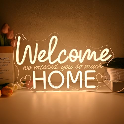 Image of Britrio Welcome Home Neon Sign Family Housewarming Sign LED Wall Decor for Military Army Homecoming, Family Party Deployment School Returning Supplies Decorations Photo Backdrop for Celebration