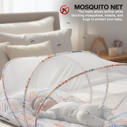 Image of BAYBEE Baby Bedding Set for New Born, Bed Mattress with Mosquito Net & Cotton Pillow, Portable Sleeping Nest Travel Bed, Newborn Essentials Gift for Baby Boys & Girls (Orange)
