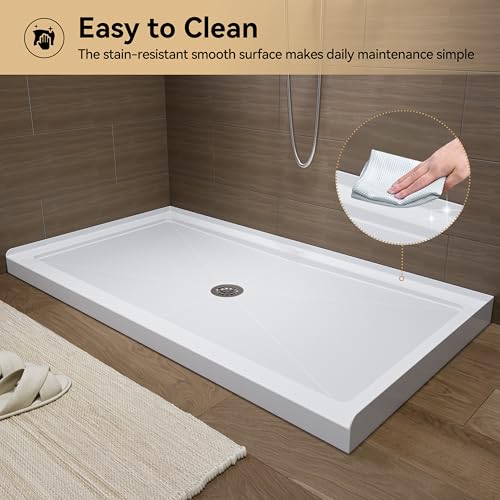 Image of HOROW 60 inch x 32 inch Shower Base, Center Drain Shower Pan, Low Profile Acrylic Base with Reinforced Fiberglass, Non-Slip Surface, Stainless Steel Drain Cover, Leak-Resistant for Bathroom