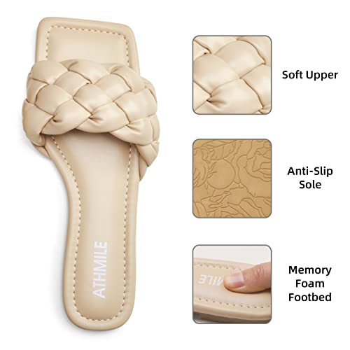 Image of ATHMILE Braided Womens Sandals 2026 Square Open Toe Fashion Slide Sandals | Women Summer Flat Sandals,Soft Leather,Slip on Shoes,Dressy,Causal,Beach,Vocation,Size 6-11