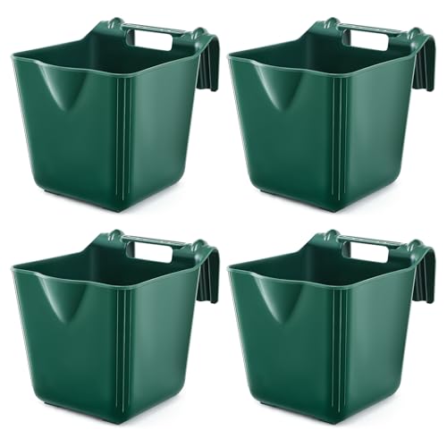 Marsui 4 Pack 15 Quart Horse Feeders for Stall Hook Over Hanging Fence Hay Feeder Mountable Livestock Plastic Feed Bucket for Farm Stalls Pasture, Stable to Feed Horses Sheep Cattle Cows Etc(Green)