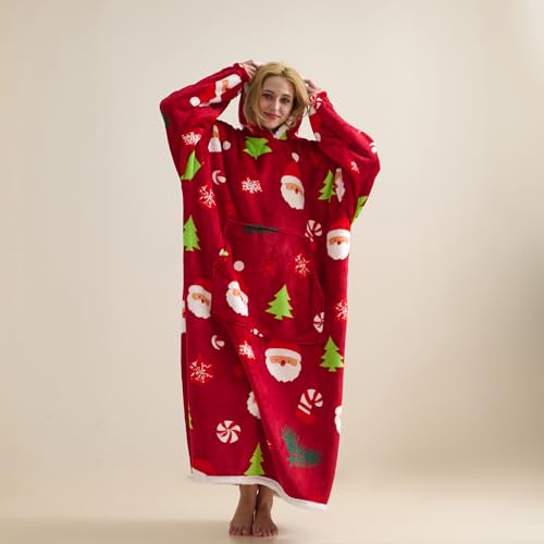 TSUTOMI Wearable Blanket Hoodie Oversized Sherpa Wearable Hooded Blanket Warm Cozy Sherpa Hoodie Gifts for Women Girls Adult -Christmas themed patterns