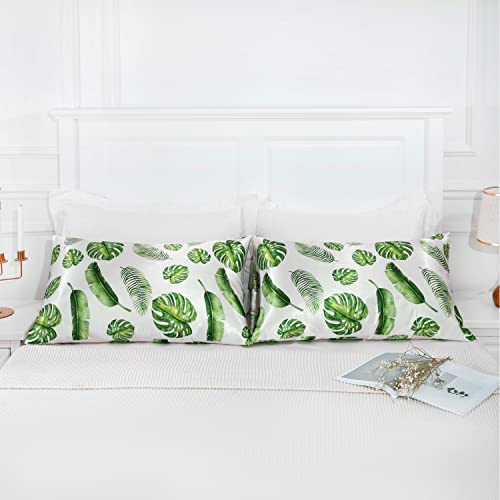 Image of MR&HM Satin Pillowcase for Hair and Skin, Silk Satin Pillowcase 2 Pack, King Size Pillow Cases Set of 2, Silky Pillow Cover with Envelope Closure (20x36, Leaves)