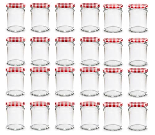 Einmachgläser 315 ml 24er Set mit rot - weiß Schraubdeckeln TO 66 - Marmeladengläser, Gewürzgläser, Honiggläser - kleine Gläser luftdicht, spülmaschinenfest
