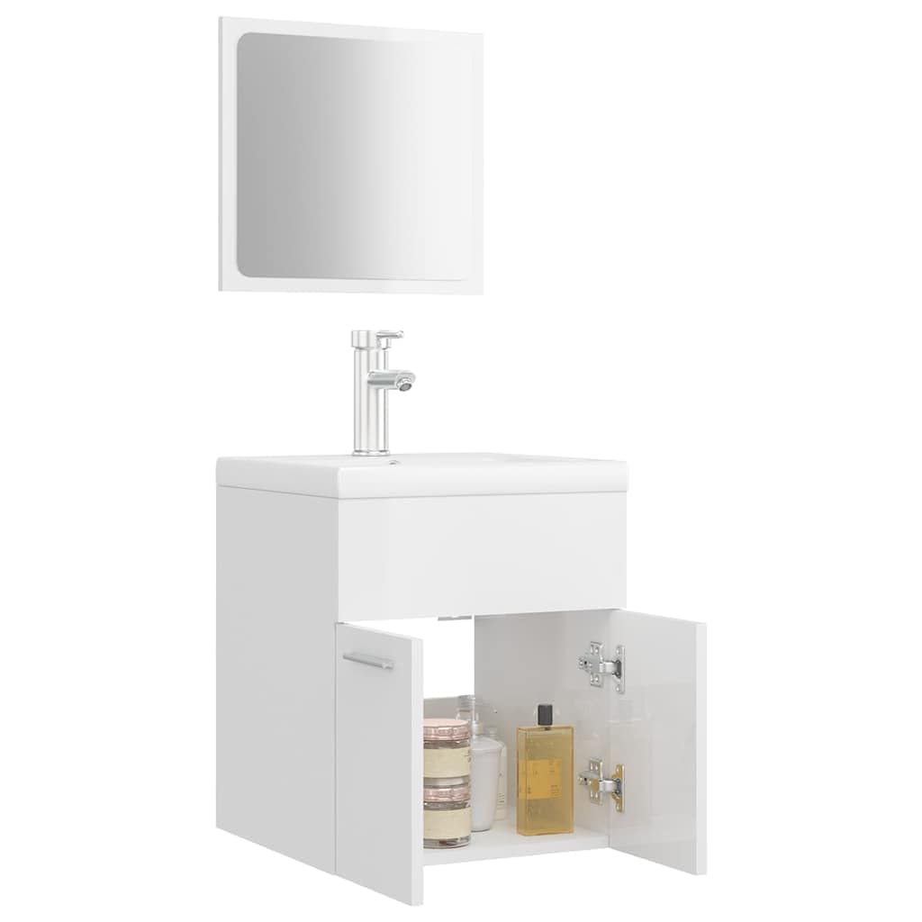 Juego de muebles de baño de color blanco brillante de madera con armario para lavabo, lavabo empotrado de cerámica, espejo, espacio de almacenamiento y sistema de desagüe para baño y