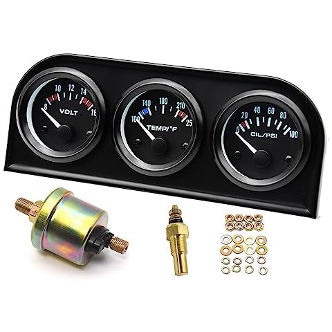 MAIMEIMI Triple Gauge Set (8-16V Volt Meter +100-250℉ Water Temperature Gauge+ 0-100 psi Oil Pressure Gauge) 2'' 52mm 3 in1 Car Auto Gauge Kit Dashboard Black Console for 12V Cars (Black) Cover