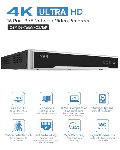 4K 16CH PoE NVR16 Channel NVR Compatible for HK/HITOSINO POE Cameras, Motion Detection 2.0, 24/7 Recording with iVMS4200, H265+, 2 SATA Up to 16TB(No HDD) - Image 3