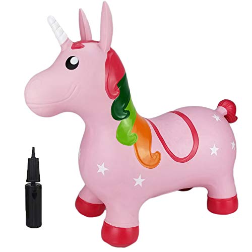 Image of Toy House Kids Bouncy Horse Hopper Inflatable Jumping Pink Unicorn, Ride on Rubber Bouncing Animal Toys (Pump Included)