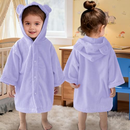 Image of VOOVA & MOVAS Baby Hooded Poncho Towel with Bear Ear, 0-24Months | 100% Cotton, Ultra-Soft & Absorbent | Gentle for Sensitive Skin, Bath, Pool Towel for Toddler | Newborn (Purple)