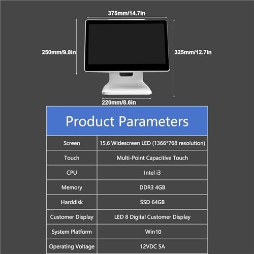 Image of 15.6in Touch Screen Monitor POS Cash Register Monitors 1366 * 768 Resolution 4GB 64GB Win10 POS System LCD Display for Business