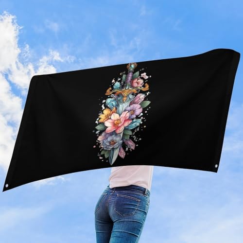 Bandera de jardín con espada y flores decoración exterior para patios 8