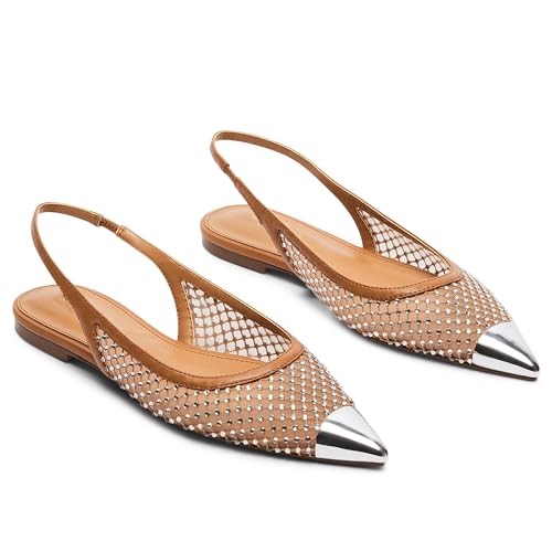 Nude Slingback Flats for Women Stylish Pointed Toe Design with Rhinestone Embellishments Comfortable Mesh Material for Breathable Slip on Experience Size 103