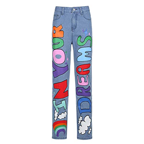 Baggy Jeans For Women Colorful Rainbow Letter Print Wide Leg High Waist Denim Pants Fashion Funny Streetwear Jeans #TOP1