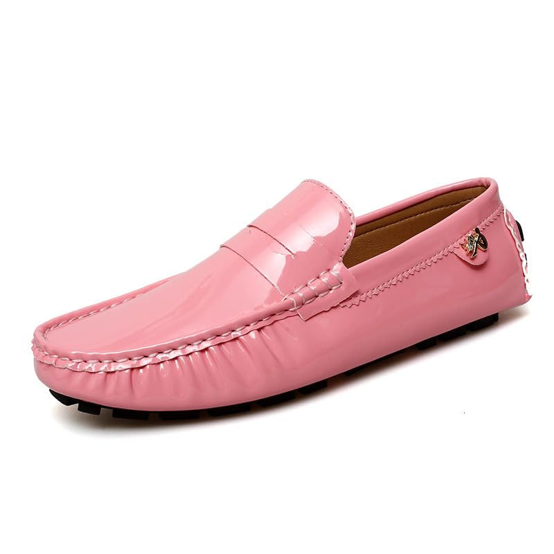 Battle Men Men's PU Leather Penny Moccasins Slip-On Driving Loafers Lightweight Casual Shoes with Flexible Anti-Slip Rubber Sole(Pink,12 M US)