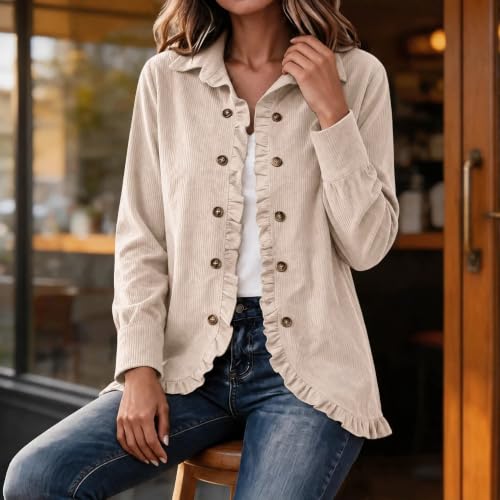 Corduroy Jacket Women Ruffle Business Casual Open Front Lapel Button Coat - image 5