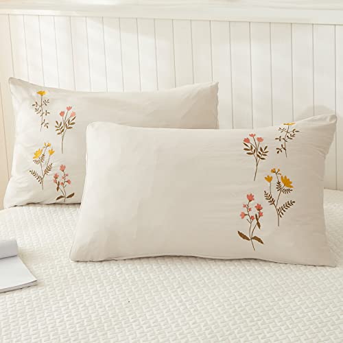 Cream Pillowcases, Embroidered Flower Pillow Cases Set of 2, 100% Washed Microfiber, Boho Chic Country Style Pillow Cover, 2 Pack (King,Beige Gray Flower)