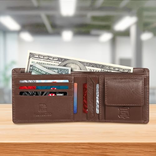 Men's Leather Bifold Wallet, Brown, Classic Design with Multiple Card Slots, Cash Compartment, Coin Storage2