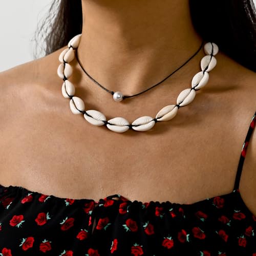 ATIMIGO White Puka Shell Hawaiian Cowrie Shell Pearl Beach Choker Handmade Adjustable Summer Clavicle Necklace Surfer Jewelry for Women & Men