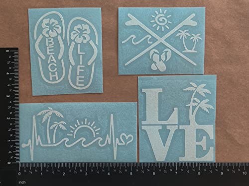 Beach Life Decals 4 Pack: Beach Life Flip Flops, Heartbeat Wave Palm Trees, Love Plam Tree, Surf Boards (White, Small ~3.5") #TOP1