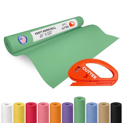 Image of Green Kraft Paper Roll 24 inch x 1200 inch (100 ft) with Cutter - USA-Made | Gift Wrapping Paper for Packing, Moving, Shipping & Crafts /Arts - 100% Recyclable Natural Craft Material by IDL Packaging