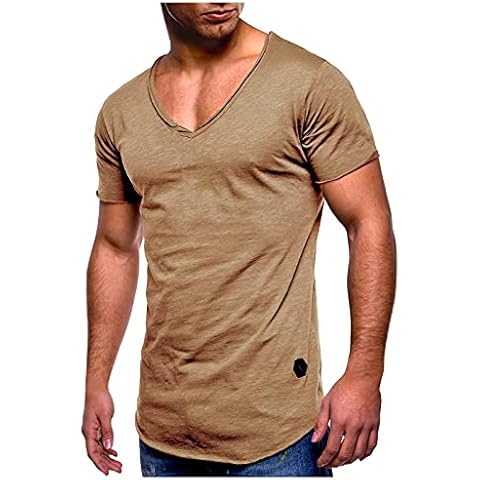 Camiseta de manga corta para hombre con cuello en V extraprofundo, ajustada, elástica, monocolor Cover
